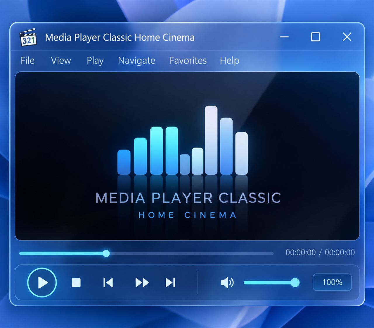 Design concept of the Aurora skin: a blue glass player window with a dark video area, cyan seek and volume sliders and a ring-shaped play button.